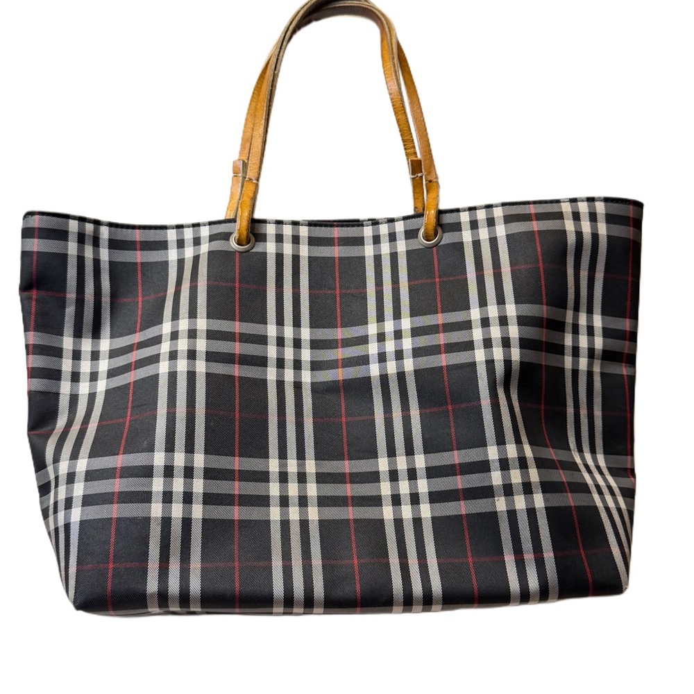 Burberry Navy and Red Plaid Small Tote
